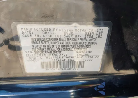 2018 Nissan Versa 1.6 S from USA, damaged, VIN 3N1CN7AP4JL804702